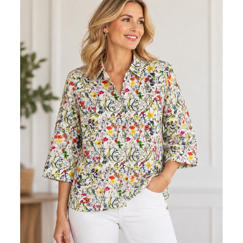 Marina Rinaldi Voyage Blouse Womens 22 White Floral Cotton 3/4 Sleeve Botanical